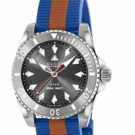 Montre Unisexe Gucci Dive 40mm YA136352 - Cadran gris foncé, bracelet caoutchouc bleu et marron