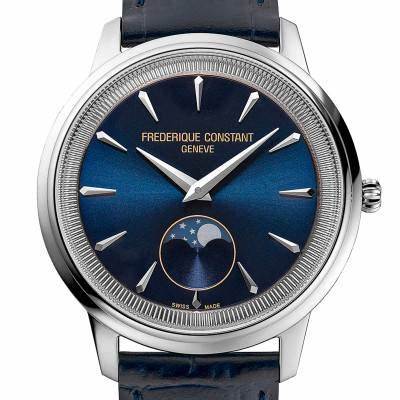 Frederique Constant Classics Moneta Moonphase FC-206N3S6 Montre Homme - Cadran bleu, boîtier acier, bracelet cuir bleu