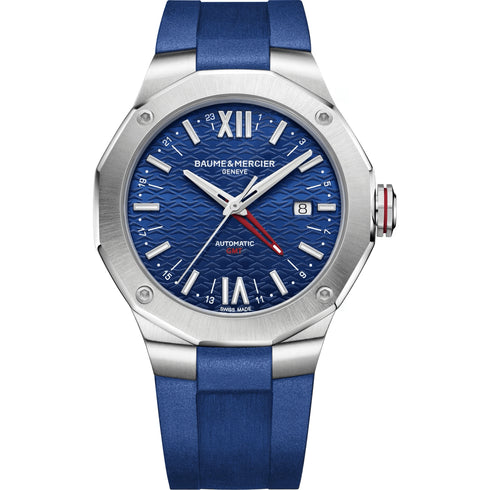 BAUME&MERCIERBaume & Mercier Riviera MOA10659 Men's Automatic GMT Watch - 42mm Stainless Steel Case, Blue Dial, Blue Rubber StrapWATCHESEcecile
