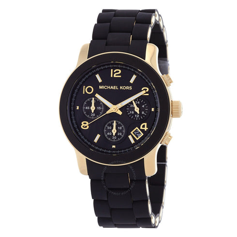 Michael Kors Runway MK7385 Damenuhr - goldfarbener Edelstahl, schwarzes Silikonarmband