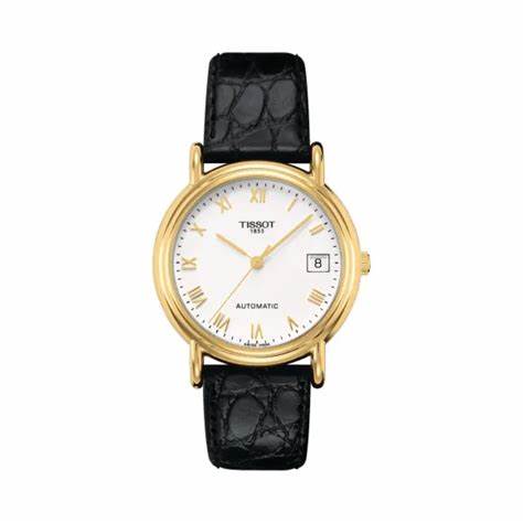 Tissot T-Gold Carmel T71.3.434.13 - Caja de oro amarillo de 18 quilates, esfera blanca, correa de piel negra