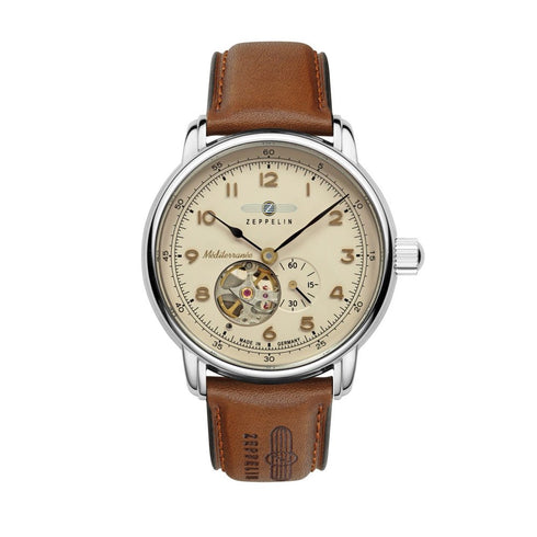 ZEPPELINZeppelin Méditerranée 9666 - 5 Men's Automatic Watch – Beige Dial, Open Heart Design, Brown Leather StrapWATCHESEcecile