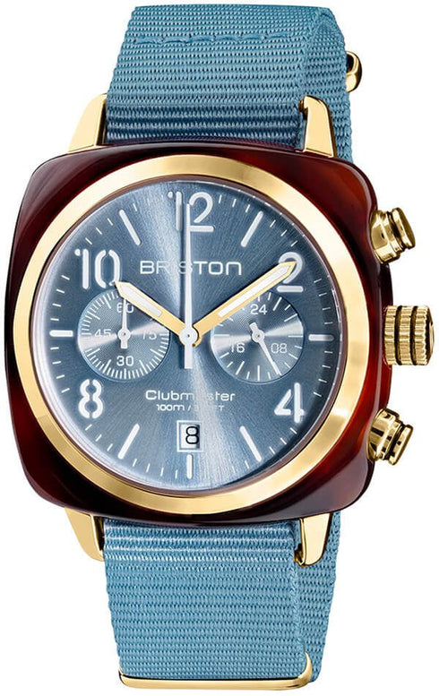 BRISTONBriston Clubmaster Classic Chronograph 40mm Gold Acetate Blue Dial Blue NATO Strap 19140.PYA.T.25.NIBWATCHESEcecile