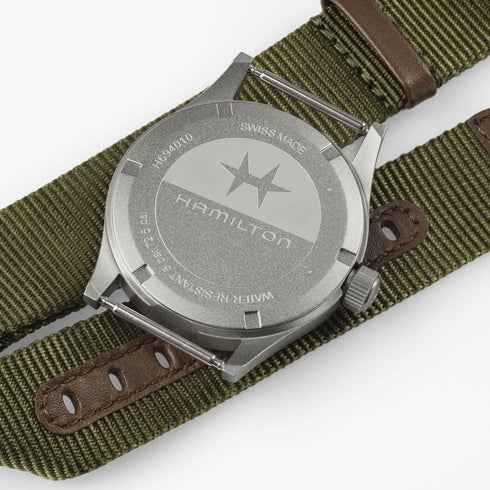 Hamilton Khaki Field Quartz 38mm H69401960 - Esfera verde, correa NATO, cristal de zafiro, 50M WR