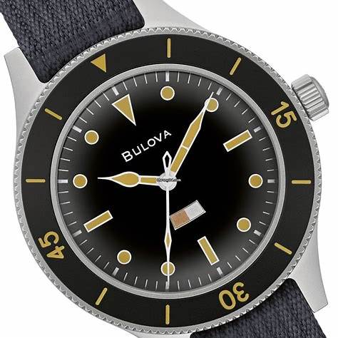 Bulova Archive Series MIL-SHIPS-W-2181 98A266 Orologio automatico da uomo - Quadrante nero, cinturino in nylon blu