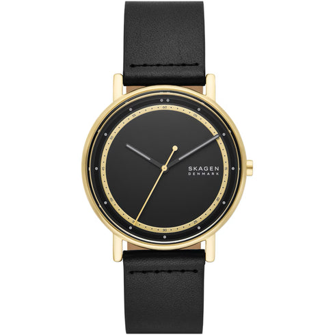 Skagen Signatur SKW6897 Herrenuhr - 40mm Goldgehäuse, schwarzes Zifferblatt, Lederarmband