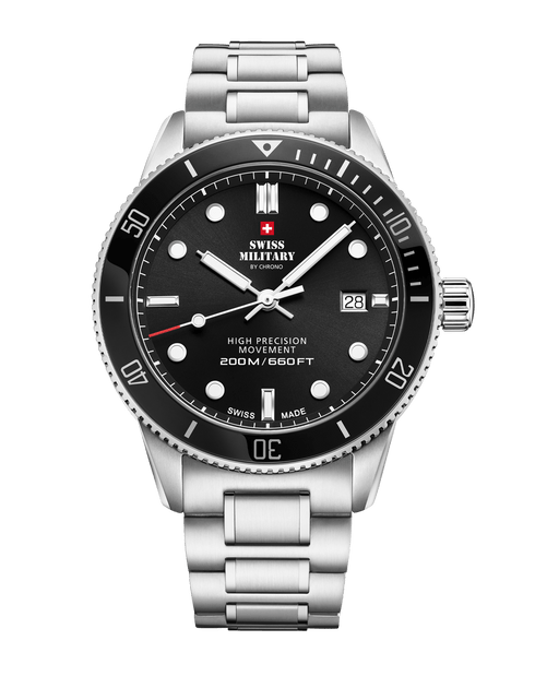 Swiss Military SM34088.01 Reloj de buceo para hombre - Acero inoxidable con esfera negra, 200M de resistencia al agua