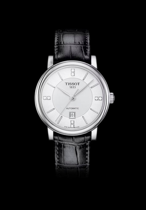Tissot Carson Premium Automatic Lady T122.207.16.036.01 Orologio da donna, quadrante argento, cinturino in pelle nera