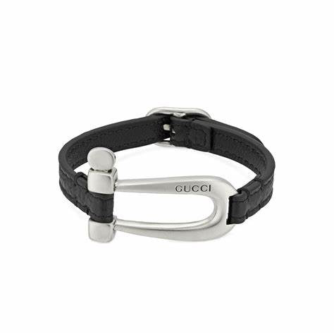 Bracelet Gucci Stirrup Motif Horsebit Symbols - Cuir noir et argent 925 - 17 cm