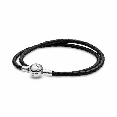 Pandora Moments Double Black Leather Bracelet 590745CBK-D2 - Sterling Silver Clasp, 38cm