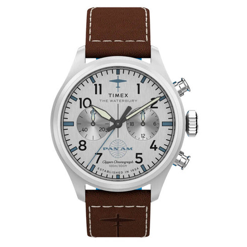 Timex TW2Y38700 Men’s Waterbury × Pan Am 41 mm Chronograph Leather Strap Watch