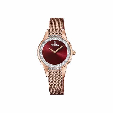Festina Mademoiselle F20496/1 Women’s 30 mm Quartz Watch – Rose‑Gold Mesh Bracelet, Red Sunburst Dial, Swarovski Crystals