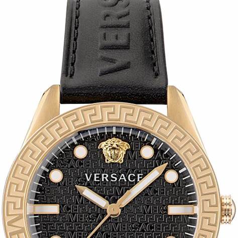 Versace Greca Dome VE2T00222 Men's Swiss Quartz Watch - Gold-Tone Stainless Steel Case, Black Leather Strap, 42mm