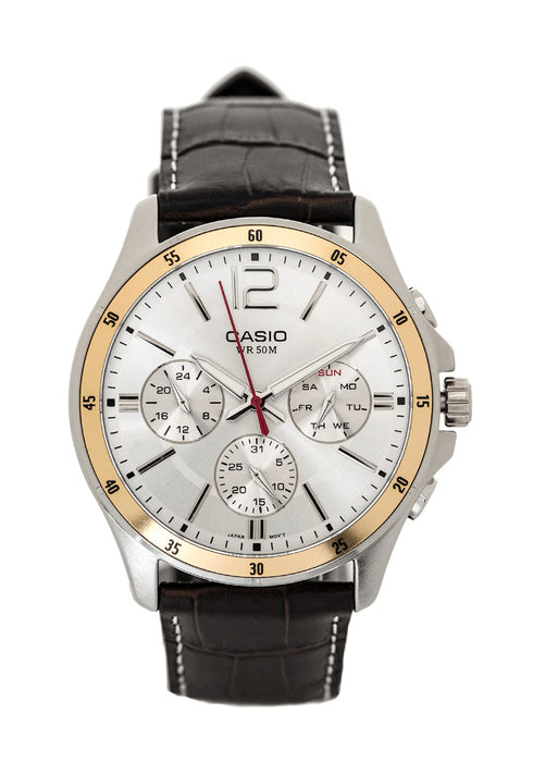 CASIO & VINTAGECasio MTP - 1374L - 7AVDF Men's Watch - Silver Dial, Brown Leather StrapWATCHESEcecile
