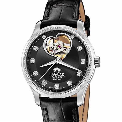 Jaguar Classic Open Heart Automatic J994/C Damenuhr - Edelstahlgehäuse, schwarzes Zifferblatt, Lederarmband