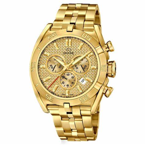Reloj Jaguar Cronógrafo de cuarzo suizo para hombre - Modelo J853/2, caja de acero inoxidable dorado, esfera dorada, cristal de zafiro