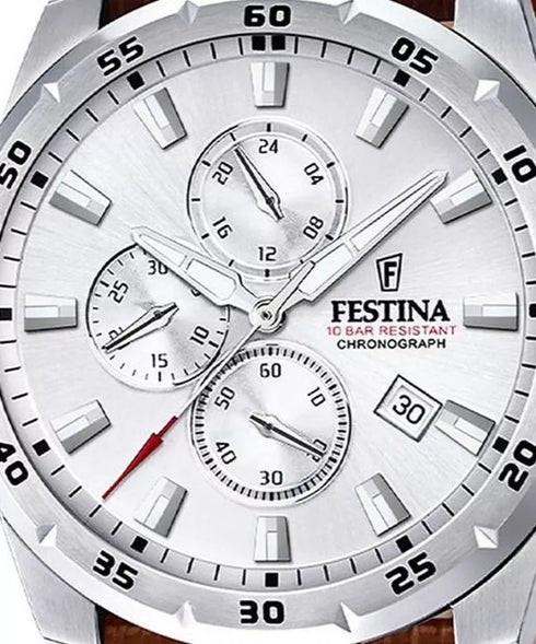Festina Timeless Chronograph F20692/1 – 45 mm Silver Dial, Brown Leather Strap
