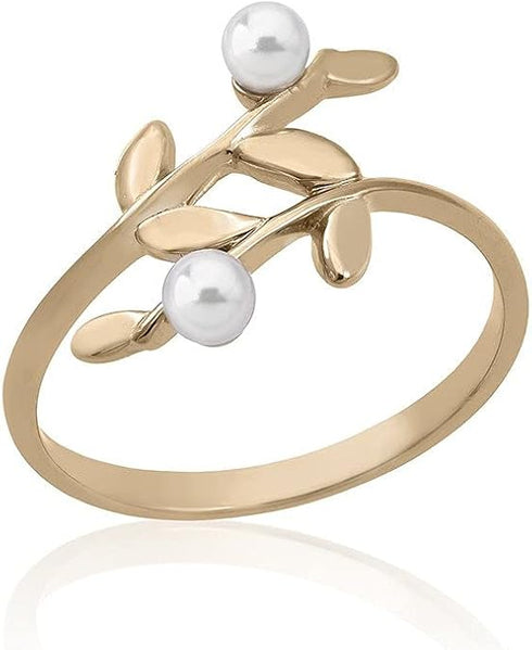 MAJORICAMajorica 16153.01.1.913.010.1 Women's Ring – Gold - Plated Silver, Dual 4mm White Pearls, Leaf Design, Size 17BIJOUXEcecile