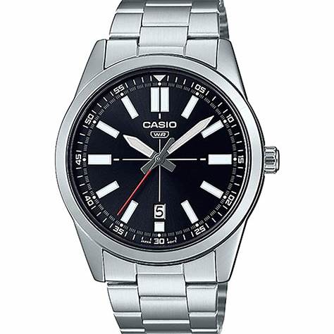 CASIO & VINTAGECasio MTP - VD02D - 1EUDF Men's Analog Watch - Stainless Steel, Black Dial, Date DisplayWATCHESEcecile