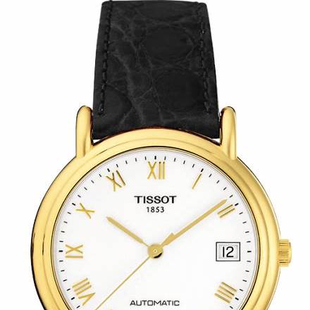 Tissot T-Gold Carmel T71.3.434.11 - Caja de oro amarillo de 18 quilates, esfera blanca, correa de piel negra