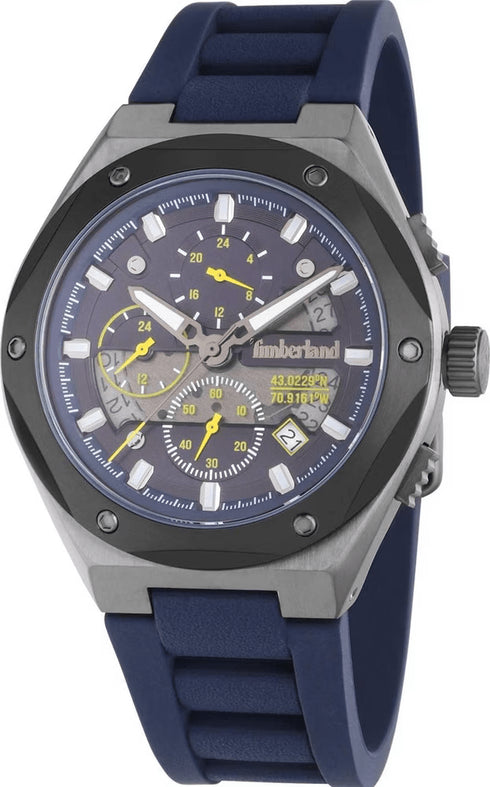 TIMBERLANDTimberland TDWGQ2231201 Abbotville Men's Chronograph Watch – 45mm Grey Stainless Steel Case, Blue Silicone Strap, Blue Dial, 5 ATM Water ResistanceWATCHESEcecile