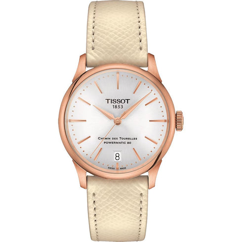 TISSOTTissot Chemin des Tourelles Powermatic 80 Women's Watch T1392073603100 - 34mm Rose Gold PVD Case, Silver Dial, Cream Leather StrapWATCHESEcecile