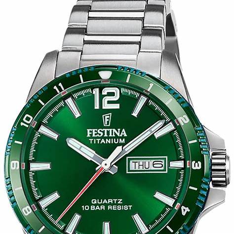 Festina Titanium Date F20698/3 Men's 43 mm Quartz Watch – Green Dial, Day‑Date, Full Titanium, 100 m