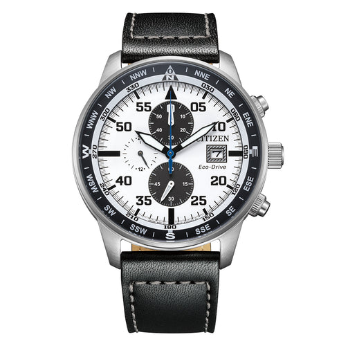 Montre chronographe Eco-Drive pour homme Citizen CA0880-07A – Cadran blanc, bracelet en cuir noir