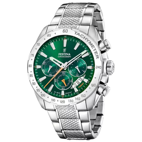 Festina Timeless Chronograph F20668/3 Men’s Watch – Silver / Green, 44.5 mm