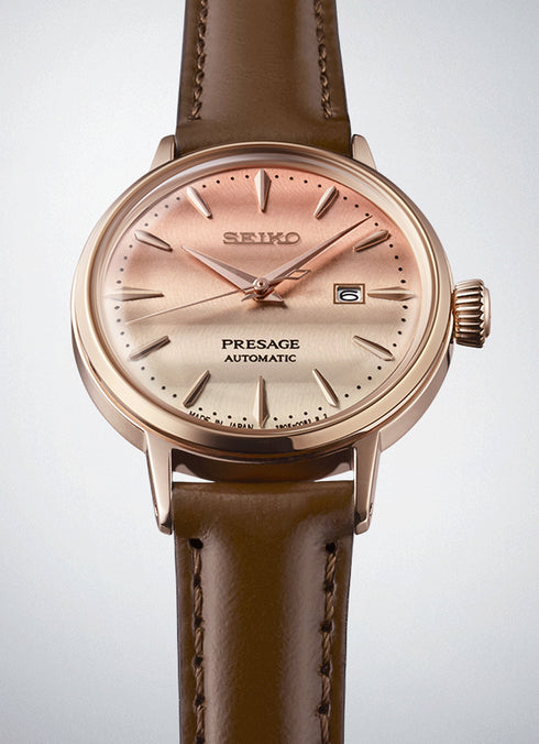 Seiko Presage SRE014J1 Reloj Automático Mujer - Esfera rosa, correa de piel marrón