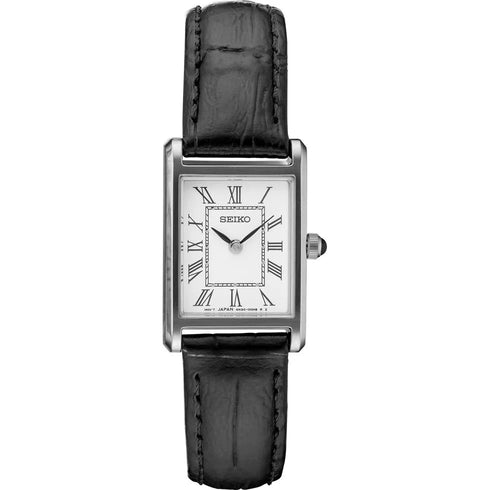 SEIKOSeiko SWR053P1 Women's Quartz Watch – Rectangular Silver Case, Black Leather StrapWATCHESEcecile