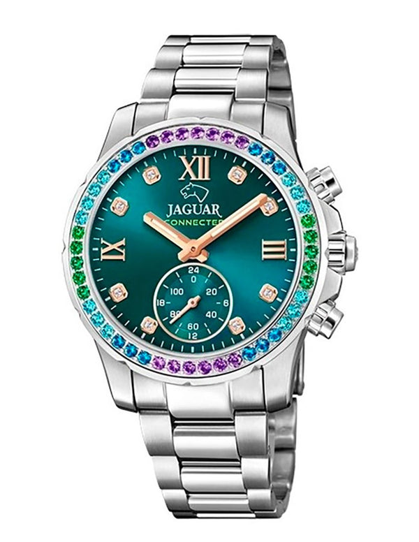JAGUARJaguar Connected J980/6 Women's Hybrid Smartwatch – Stainless Steel, Green Dial with Multicolor Gemstone BezelWATCHESEcecile