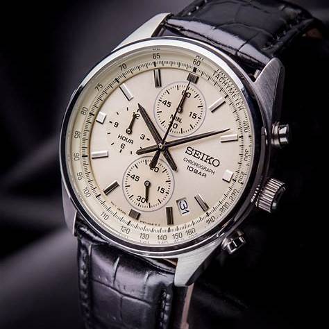 SEIKOSeiko SSB383P1 Men's Quartz Chronograph Watch - Cream Dial, Black Leather StrapWATCHESEcecile