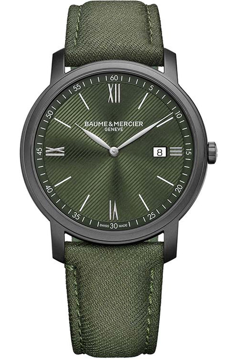 Baume & Mercier Classima MOA10766 Men's Quartz Watch - 42mm Sandblasted ADLC Steel Case, Green Opaline Dial, Green Fabric Strap