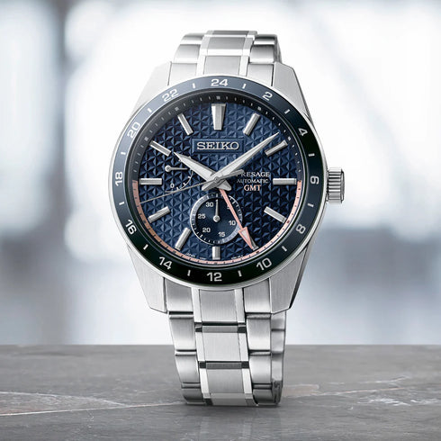 Seiko Presage SPB217J1 Reloj GMT Automático para Hombre - 42.2mm Caja de Acero Inoxidable, Esfera Azul Asanoha, Indicador de Reserva de Energía