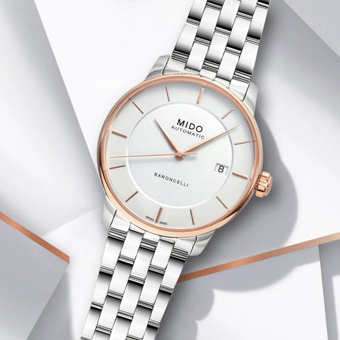 Mido Baroncelli Signature Gent M037.407.21.031.00 Montre automatique pour hommes - Cadran argenté, PVD or rose, bracelet en acier inoxydable