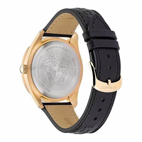 Versace Greca Dome VE2T00222 Men's Swiss Quartz Watch - Gold-Tone Stainless Steel Case, Black Leather Strap, 42mm