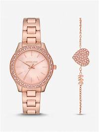 Michael Kors MK1068SET Montre et bracelet en or rose pour femme - Accents en cristal pavé