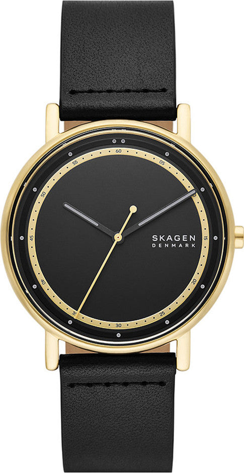 Skagen Signatur SKW6897 Herrenuhr - 40mm Goldgehäuse, schwarzes Zifferblatt, Lederarmband