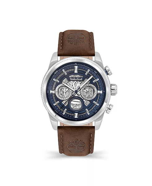 TIMBERLANDTimberland TDWGF2200703 Hadlock Men's Watch – 46mm Silver Stainless Steel Case, Blue Dial, Brown Leather Strap, Multifunction Quartz, 5 ATM Water ResistanceWATCHESEcecile