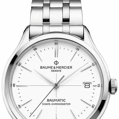 Baume & Mercier Clifton Baumatic MOA10505 Orologio automatico da uomo - Cassa in acciaio inossidabile da 40 mm, quadrante bianco simile alla porcellana, datario, bracciale in acciaio inossidabile