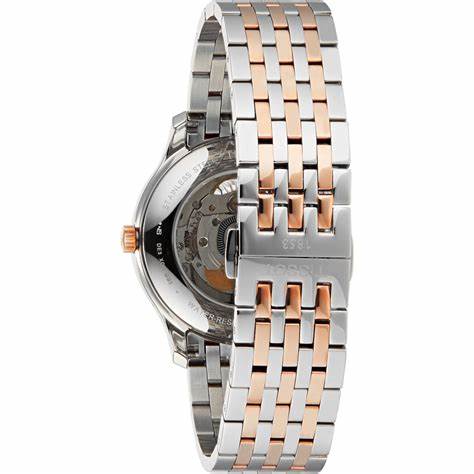 Tissot Tradition Powermatic 80 Open Heart Herrenuhr - Silbernes Zifferblatt, zweifarbiges Edelstahlarmband