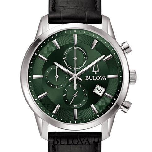 Bulova 96B413 Sutton Chronograph - Grünes Zifferblatt, Edelstahl, 41 mm, Lederarmband