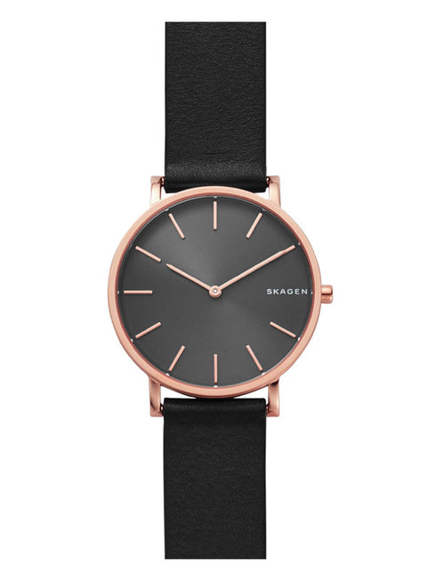 Skagen Denmark Hagen SKW6447 Orologio da uomo - Cassa in oro rosa, quadrante grigio, cinturino in pelle nera