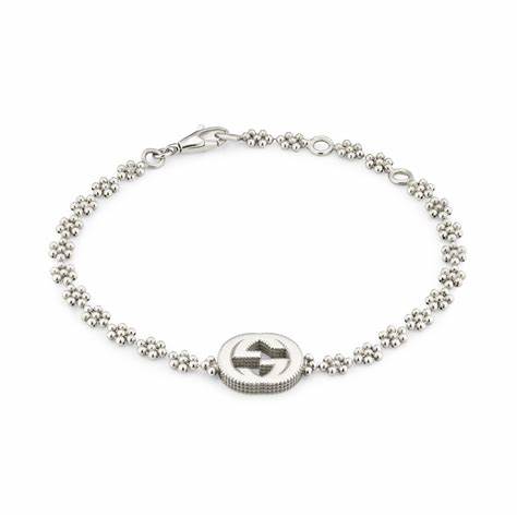 Gucci Pulsera Entrelazada G Plata de Ley con Motivos Florales - Longitud Ajustable