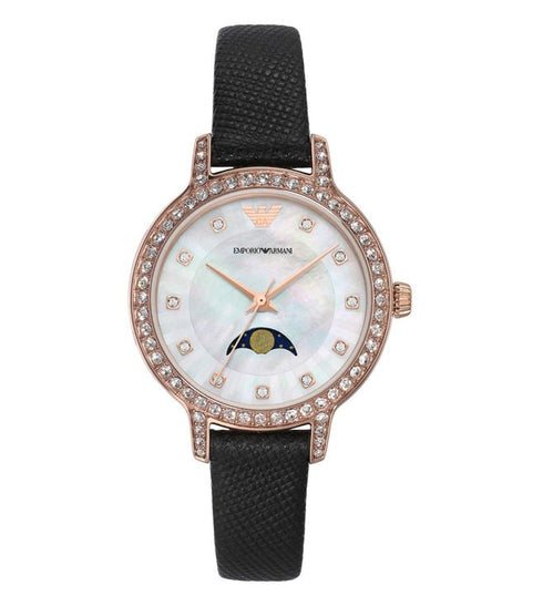 EMPORIO ARMANIEmporio Armani AR11514 Women's Moonphase Watch - Rose Gold, Black StrapWATCHESEcecile