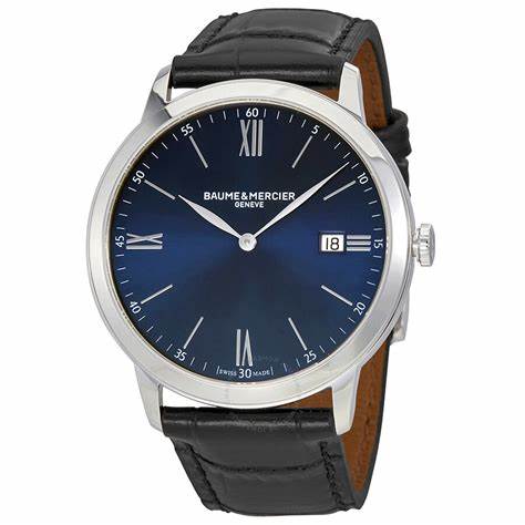 Baume & Mercier Classima MOA10324 Reloj de cuarzo para hombre, esfera azul, correa de piel negra