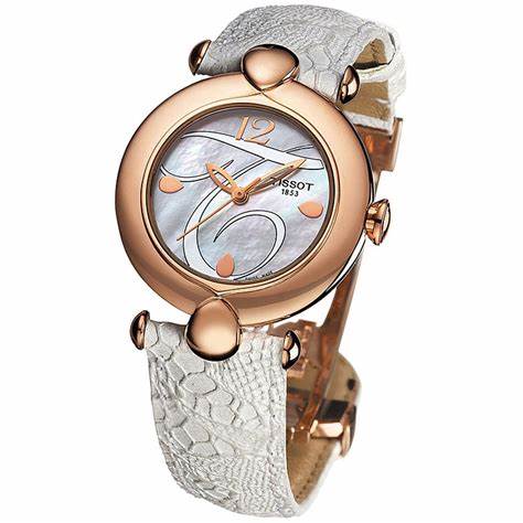 Tissot T-Gold T9182107611601 Reloj de señora - Caja de oro rosa de 18 quilates, esfera de nácar, correa de piel blanca