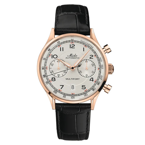 Mido Multifort Patrimony Chronograph M040.427.36.262.00 Montre automatique pour homme - boîtier en PVD or rose, cadran ivoire, bracelet en cuir noir