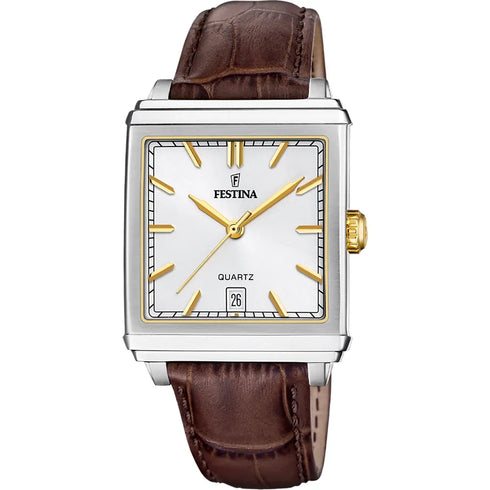 Festina F20681/4 Men’s 39 mm Quartz Rectangular Watch – Silver Dial, Brown Leather Strap, Date, 50 m Water Resistance